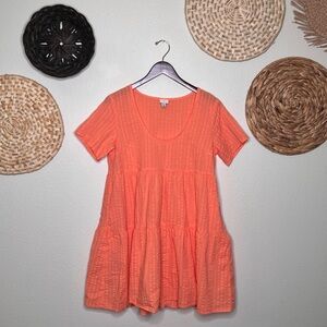 Bright Coral/Peach Colored Flutter Short Sleeve Textured Tiered Dress w/ Pockets